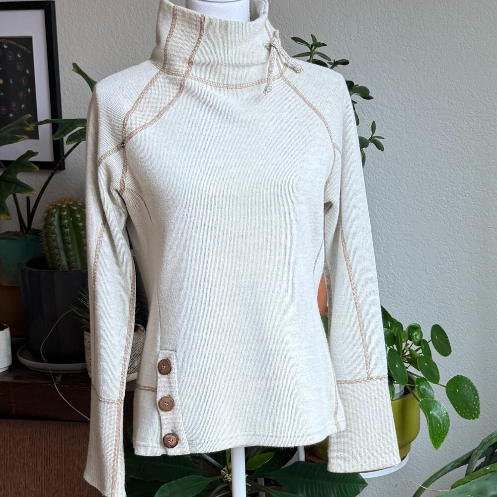 Prana Breathe Stripe Tan Fleeced Lined Cowl Neck Knit Sweater Womens Small